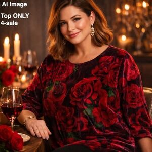 SOFT SURROUNDINGS Women's 1X Aria‎ Velvet Tunic Top Red Romantic Roses NWT